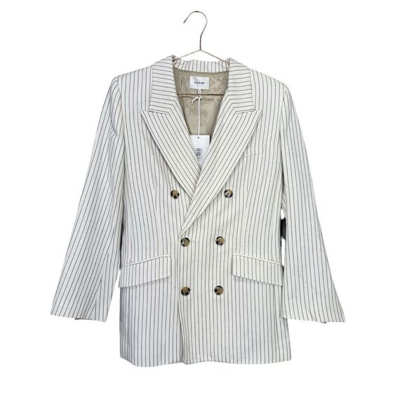 NEW Frame Pinstripe Cotton-Linen Double Breasted Blazer Cream Multi Size 2 - Picture 11 of 14
